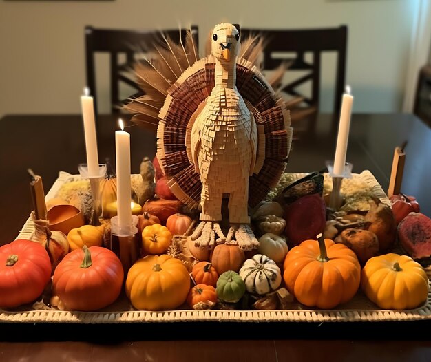 Thanksgiving-Dinner-Herbstelemente mit gebratenem Truthahn-Cartoon-Kürbis-Essen. Fröhlicher Thanksgiving-Tag