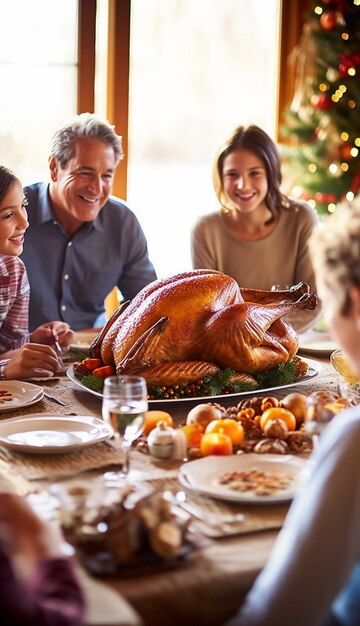 Thanksgiving-Dinner mit Truthahn Herbstgemüse Kürbisse Gewürze Zwiebeln Knoblauch warmes Licht und