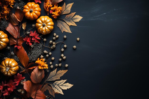 Thanksgiving e outono decoração modo conceito de folhas de outono e abóbora em fundo escuro