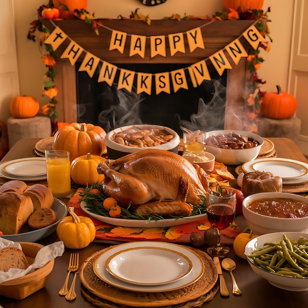 Foto thanksgiving-feier traditionelle abendessen-einrichtung mahlzeit-konzept mit happy thanksgiving-text