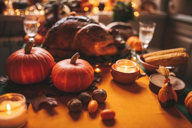 Thanksgiving-Feiertags-Dinner-Gedeck mit Herbstdekoration und Kürbissen