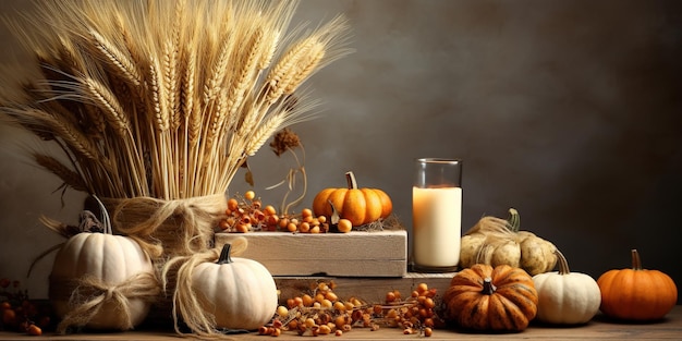 Thanksgiving-Ferienkomposition mit Kürbissen, trockenen Herbstblättern, Rye- und Weizenohren, Geschenken und Kerzen auf einem Holzpodium auf beige Hintergrund