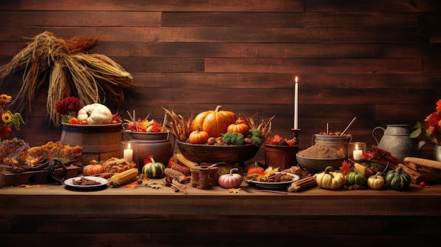Thanksgiving-Festhintergrund mit rustikalem Tisch