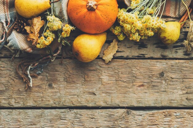 Thanksgiving Flat Lay Stilvolle Kürbis Herbstblätter Blumen Birnen gemütliche Decke auf rustikalem Holz