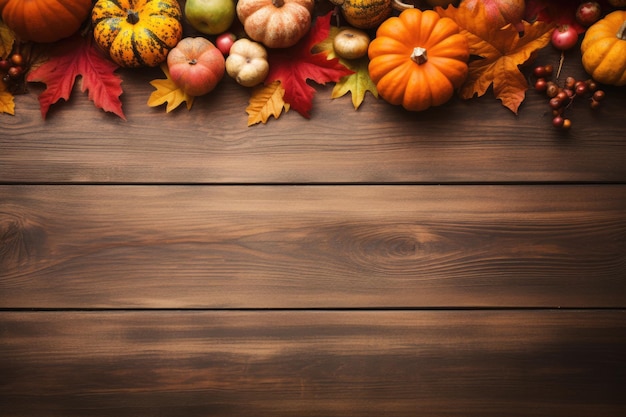 Thanksgiving-Hintergrund mit Äpfeln, Kürbissen und gefallenen Blättern auf einem rustikalen Holzhintergrund