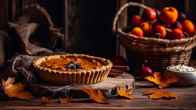 Thanksgiving-Kürbiskuchen mit frischem Obstkorb-Hintergrund. KI-generierter Kopierraum für Text