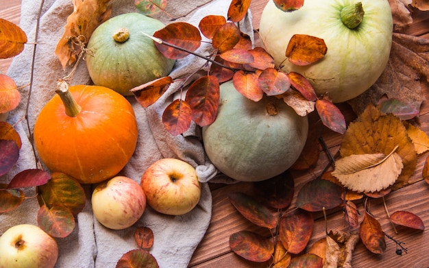 Thanksgiving mit Kürbissen, Äpfeln und Blättern