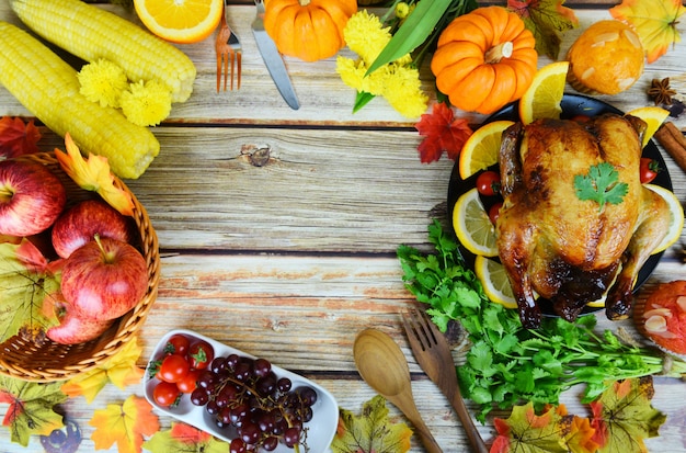 Thanksgiving-Tabelle Feier traditionelles Ambiente Essen oder Weihnachten Tabelle dekoriert viele verschiedene Arten von Lebensmitteln Thanksgiving-Abendessen mit Truthahn Gemüse Obst serviert im Urlaub Draufsicht