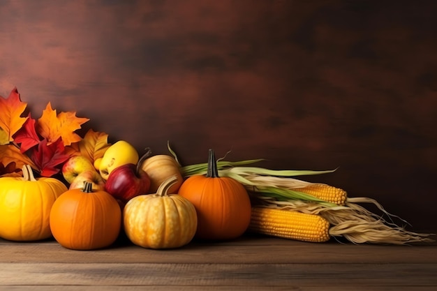 Thanksgiving-Tag oder Herbstkomposition mit Kürbis-Orangen-Blättern oder Hühnchen-Thanksgiving-Essen