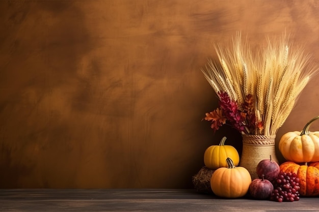 Thanksgiving-Tag oder Herbstkomposition mit Kürbis-Orangen-Blättern oder Hühnchen-Thanksgiving-Essen