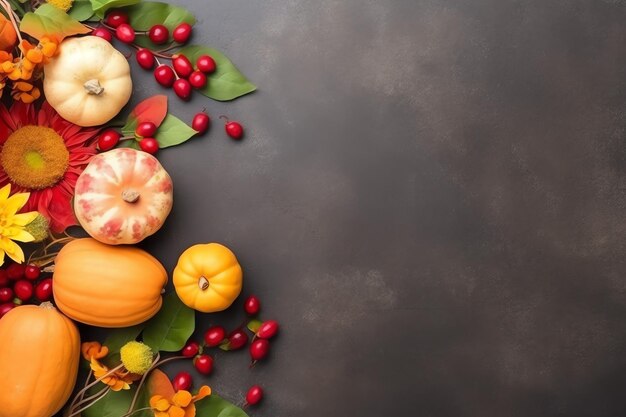 Thanksgiving-Tag oder Herbstkomposition mit Kürbis-Orangen-Blättern oder Hühnchen-Thanksgiving-Essen
