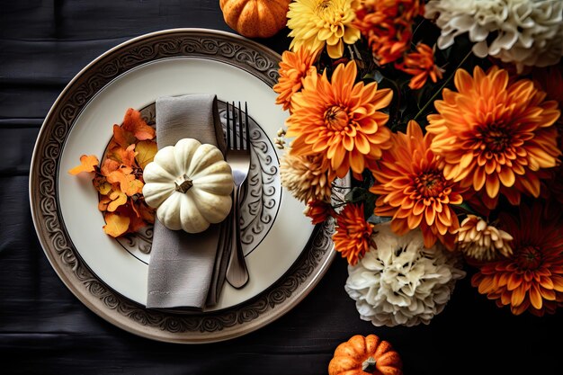 Thanksgiving-Tischdekoration dekorierte Kürbisse mit orangefarbenen Herbstblumen auf der Tischdecke Generative KI