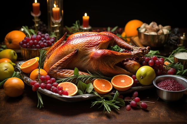 Thanksgiving-Truthahn mit Gemüse und Obst auf einem Holztisch