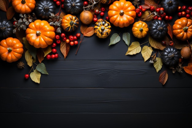 Thanksgiving und Herbstdekoration Konzeptmodus aus Herbstblättern und Kürbis auf dunklem Hintergrund