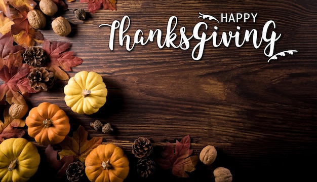 Thanksgiving- und Herbstdekorationszusammensetzung Herbstlaub der Kürbiskiefernkegel und der Text auf dunklem hölzernem Hintergrund