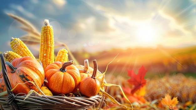 Thansgiving Erntedank bandera de la cosecha de la agricultura calabazas y maíz en la mazorca en una canasta con campo de paisaje desenfocado en el fondo abundancia almacén cultivos luz solar cálida