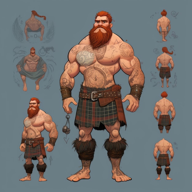 The Ancient Warrior Pixar-inspirierte orthographische Zeichnungen eines Highland Games-Athleten mit Pict Tatt