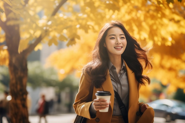 The Autumn Glow Ein fesselndes Nahaufnahmeporträt einer jungen asiatischen Geschäftsfrau, die Kaffee genießt