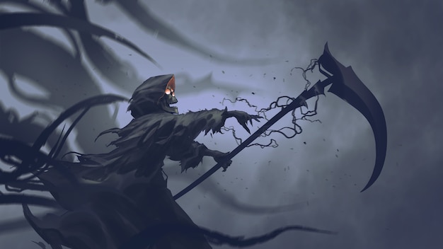 The Death, conhecido como Grim Reaper lança magia negra sobre a foice, estilo de arte digital, ilustração pintura