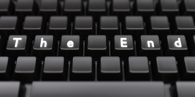 THE END White Letter Text auf schwarzem Hintergrund der Computer-Laptop-Tastatur Stoppt 3D-Rendering