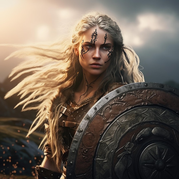 The Fierce Valkyrie Immersive 4K Darstellung eines BattleHardened Viking Shield Maiden emblazoned wi