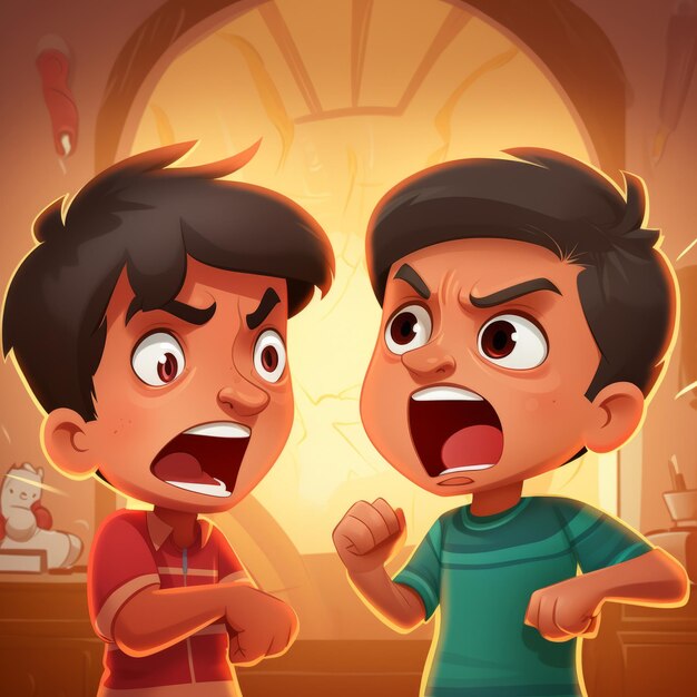 Foto the fiery feud una colorida animación de dibujos animados que muestra a dos niños indios confesando a su madre