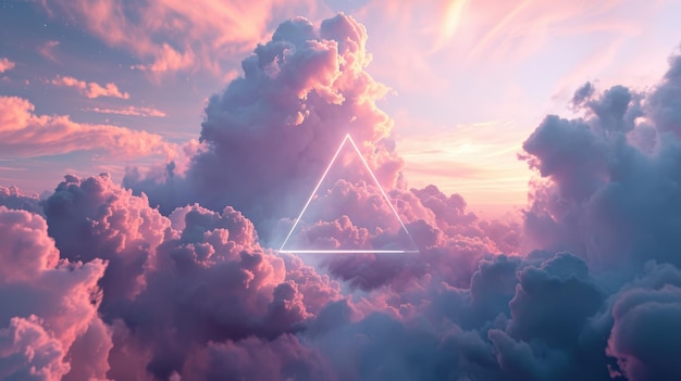 Foto the great pink neon floating triangle beyond the sky with cloudscapes aigx