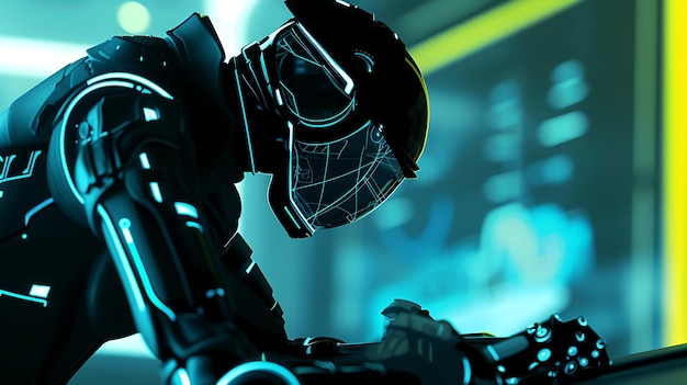 Foto the image is a dark futuristic scene with a figure in a black suit and helmet with glowing blue lines