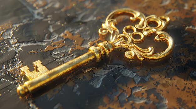 Foto the key to success is perseverance this image shows a gold key lying on a stone surface the key is intricately carved and looks very old