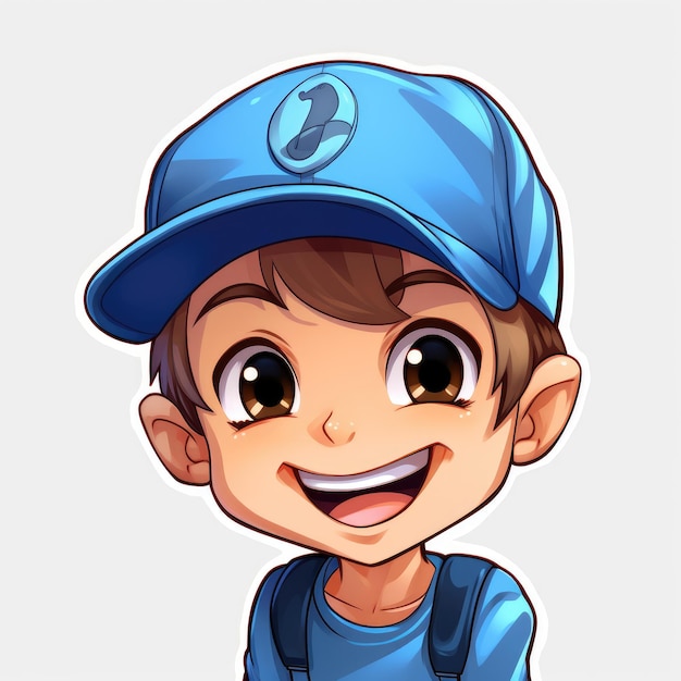 The Mischievous Grin Um adesivo de desenho animado 2D de um menino com um boné de beisebol azul em Bo infantil