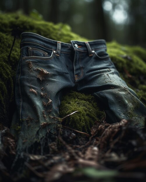 The Passage of Time Objects Left to Rust and Rot calças jeans azuis cobertas de musgo e plantas