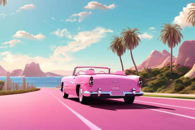The Pink Caravan Una encantadora ilustración de un automóvil rosa en un país de las maravillas rosado IA generativa