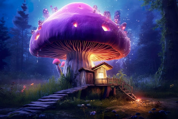 The Purple Mushroom House Uma casa de conto de fadas na floresta AI Generative