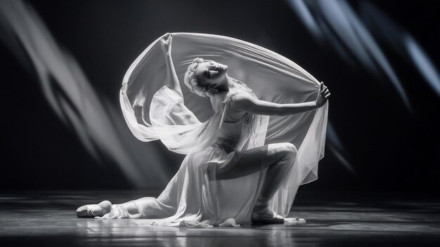 Foto the sensual and emotional dance of beautiful ballerina with veil photography technique with strobe