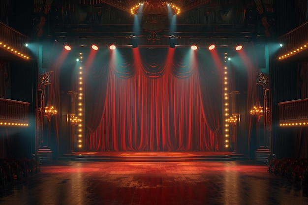 Theaterbühne mit roten Vorhängen und Scheinwerfern Theaterszene im hellen Hintergrund
