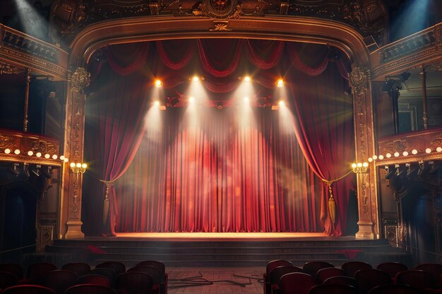 Theaterbühne mit roten Vorhängen und Scheinwerfern Theaterszene im hellen Hintergrund