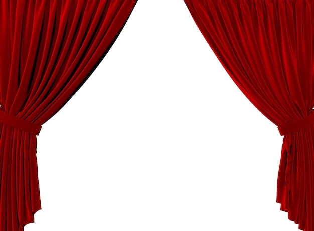 Theatervorhänge aus rotem Stoff auf einem schlichten weißen Hintergrund 3D-Rendering