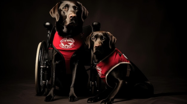 Therapietiere Zwei schwarze Therapiehunde in Uniform. Ein Hund ist behindert im Rollstuhl