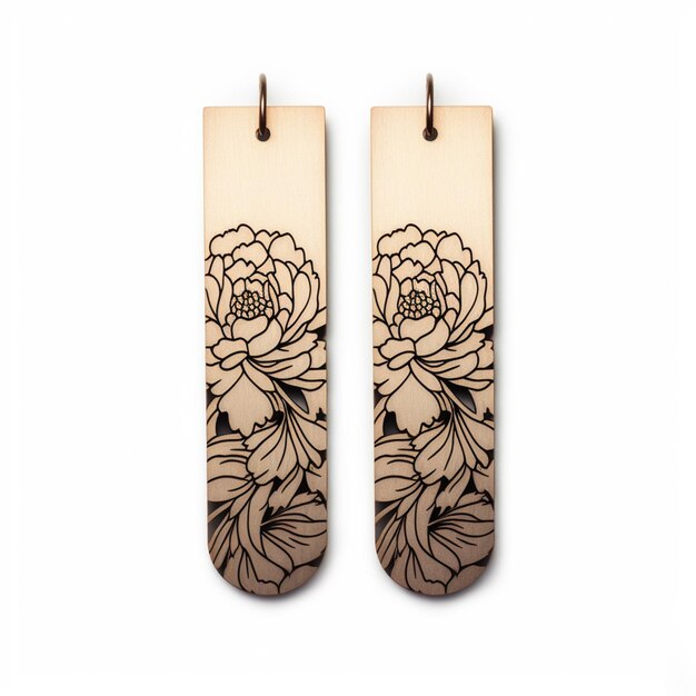 Foto there are two wooden earrings with flowers on them on a white surface generative ai