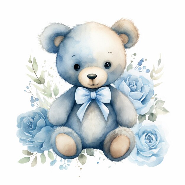 Foto there is a blue teddy bear with a bow and blue roses generative ai