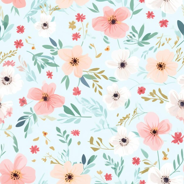 Foto there is a floral pattern with pink and white flowers on a blue background generative ai