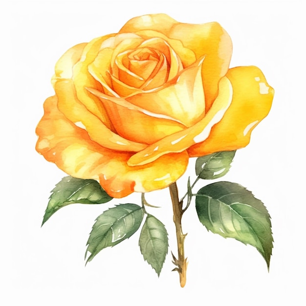 Foto there is a yellow rose with green leaves on a white background generative ai