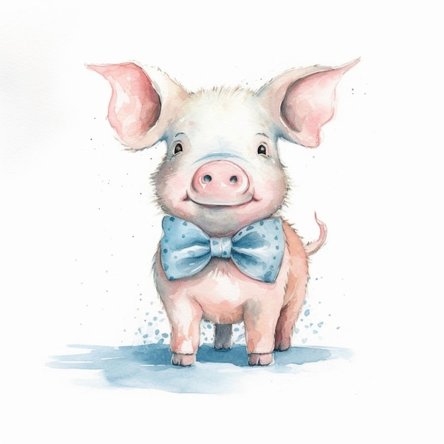 Foto there is a watercolor painting of a pig wearing a bow tie generative ai