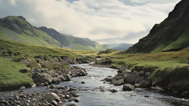 Äthere schottische Landschaft mit Fluss und Bergen in 8K-Auflösung