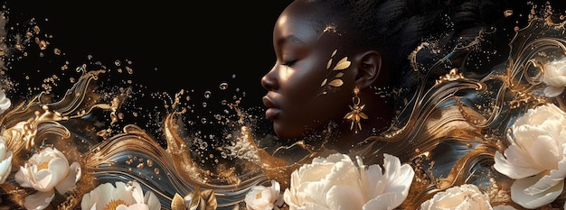 Ätherische afrikanische Schönheit mit goldenen Blumenakzenten