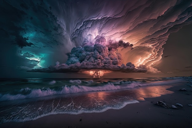 Ätherische biolumineszierende Sturmwolken über einem heftigen Meer