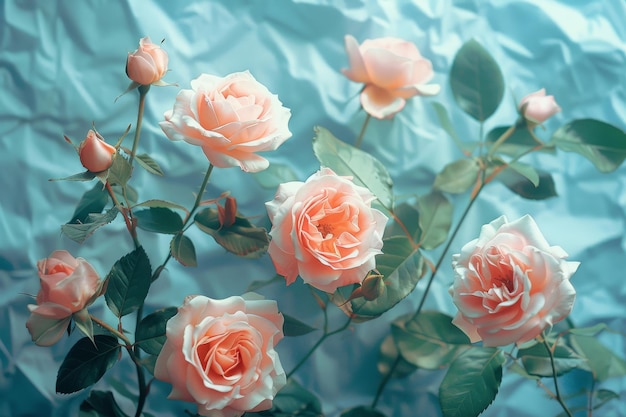 Ätherische Blush-Rosen auf kühlblauem Hintergrund