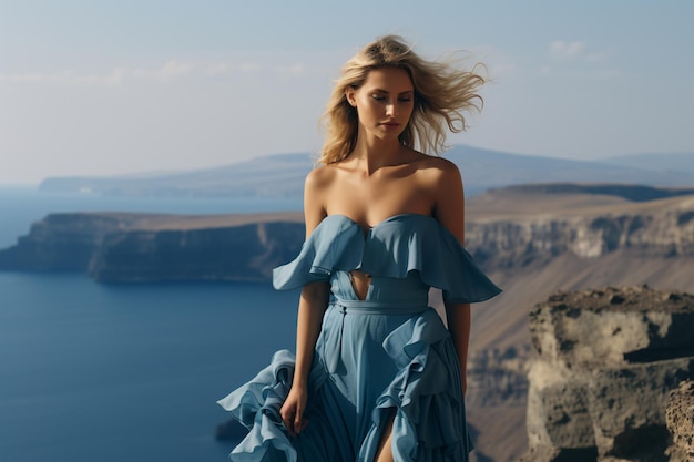 Ätherische Eleganz einer blonden Vision in Azurblau mit Blick auf die majestätische Ägäisküste von Santorin