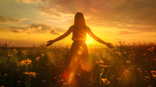 Ätherische Frau auf einer Wildblumenwiese bei Sonnenuntergang