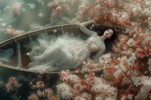 Ätherische Frau in einem mit Blumen geschmückten Boot auf dem Wasser